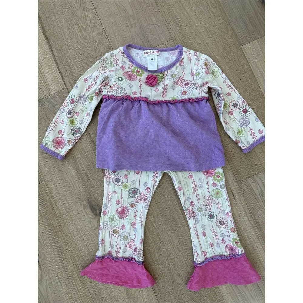 Baby Lulu 3T Lavender Purple Floral Two Piece Set Perfect For Events Cream